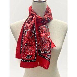 Glentex Vintage Silk Scarf Red White Black Paisley Hand Rolled Japan 43 x 14.5